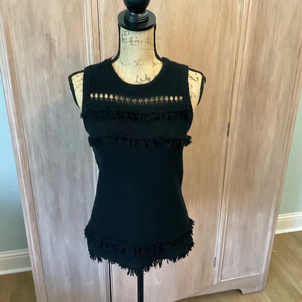 J Crew Factory Black 100% Cotton textured knit top sleeveless fringe Tank small